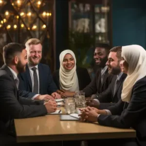 Team meeting around a table with Muslim professionals discussing business