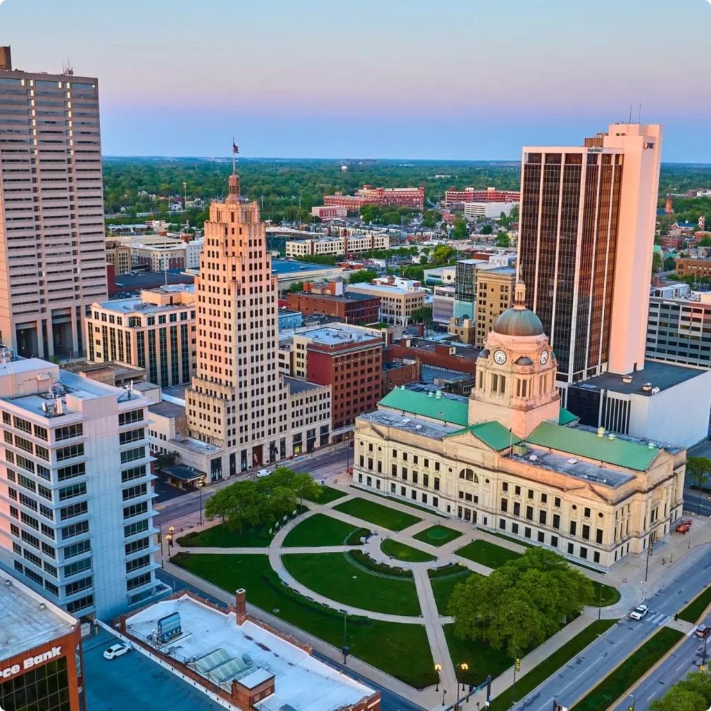 Aerial view of a Michigan cityscape near Dearborn