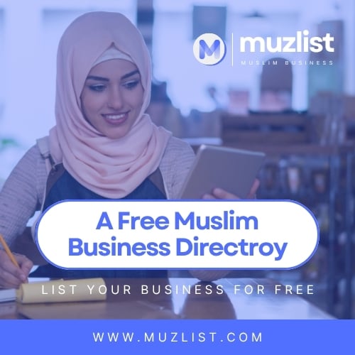Muslim woman using a laptop beside text about a free Muslim business directory